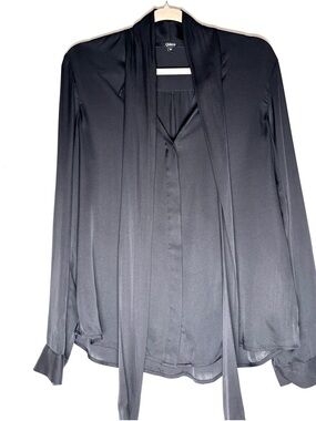 Quince Black Tie-Neck Long-Sleeve Silk Blouse